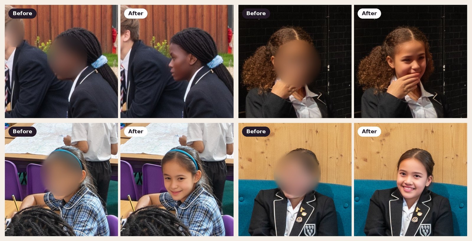 Four pairs of before and after crops of pupils, with the original faces blurred and the AI-generated faces shown