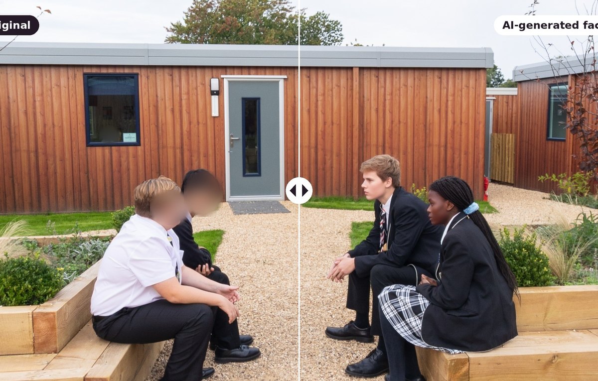 A school courtyard scene with pupils whose faces have been replaced by AI-generated faces