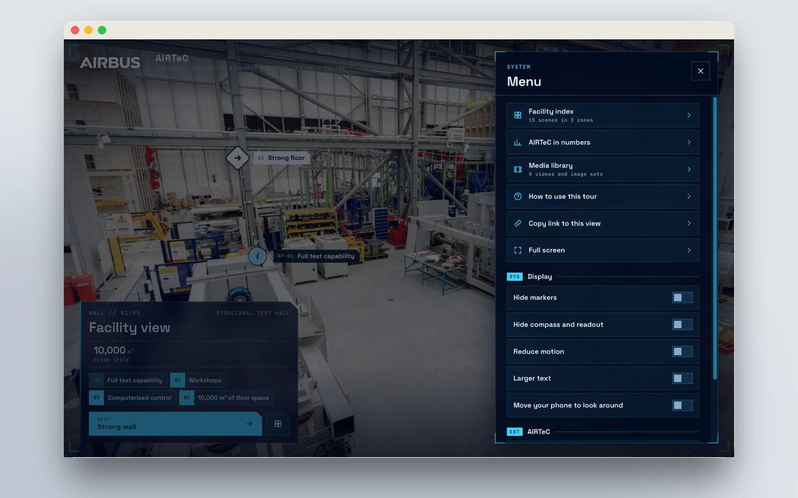 Tour menu with navigation, display settings and links