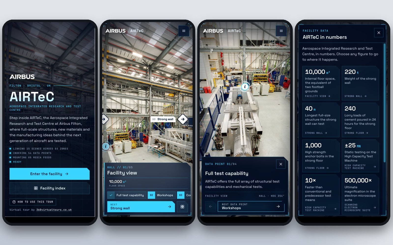 Four mobile views of the AIRTeC virtual tour