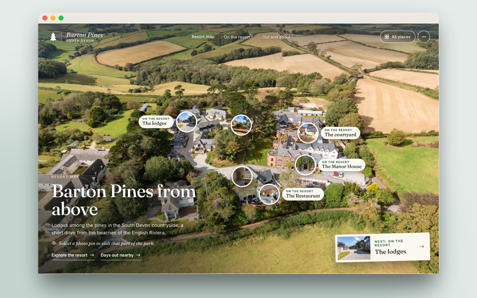 Drone 360 resort map with photo pins for each part of the park
