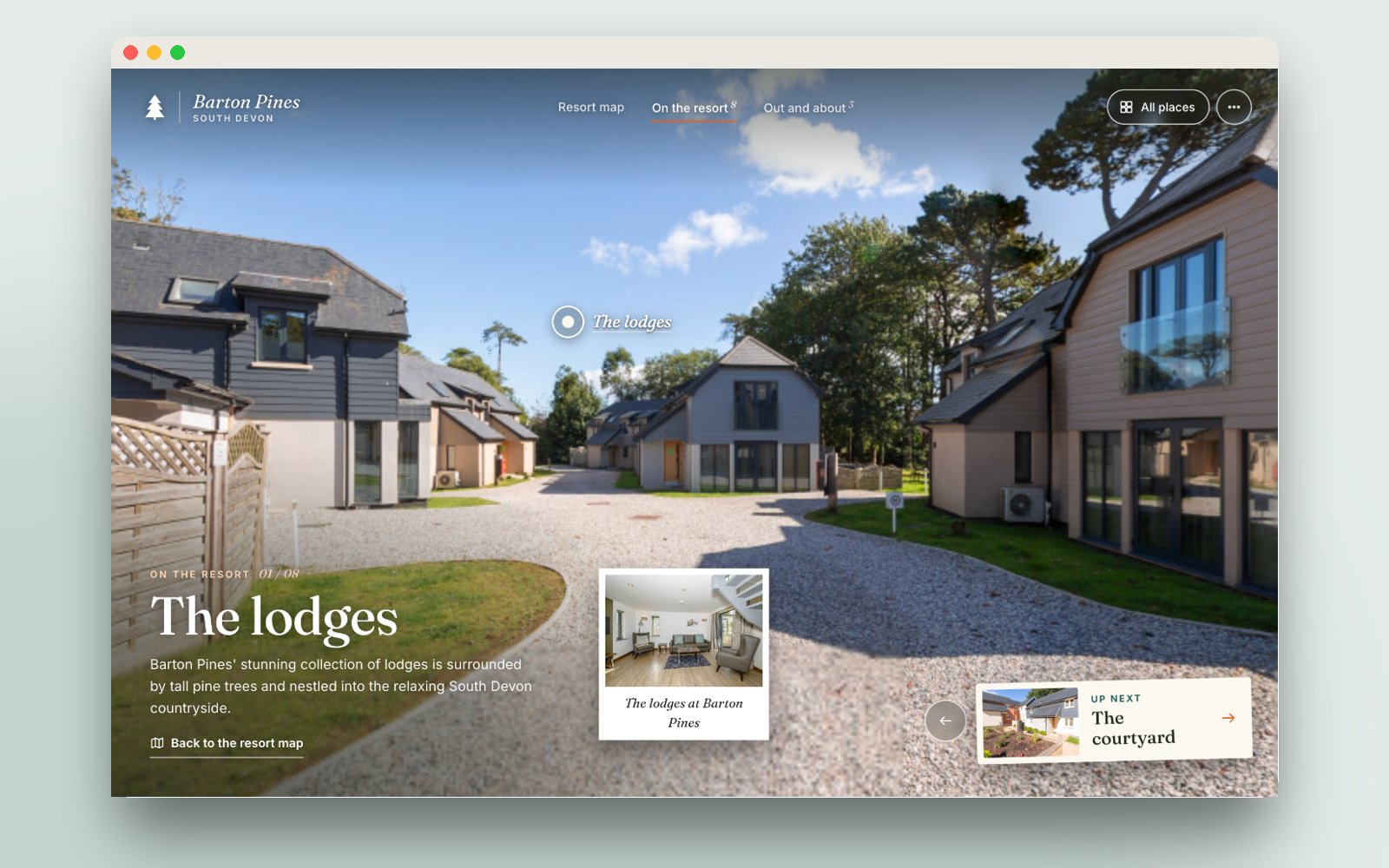 The lodges at Barton Pines with the place card and a photo of a lodge interior