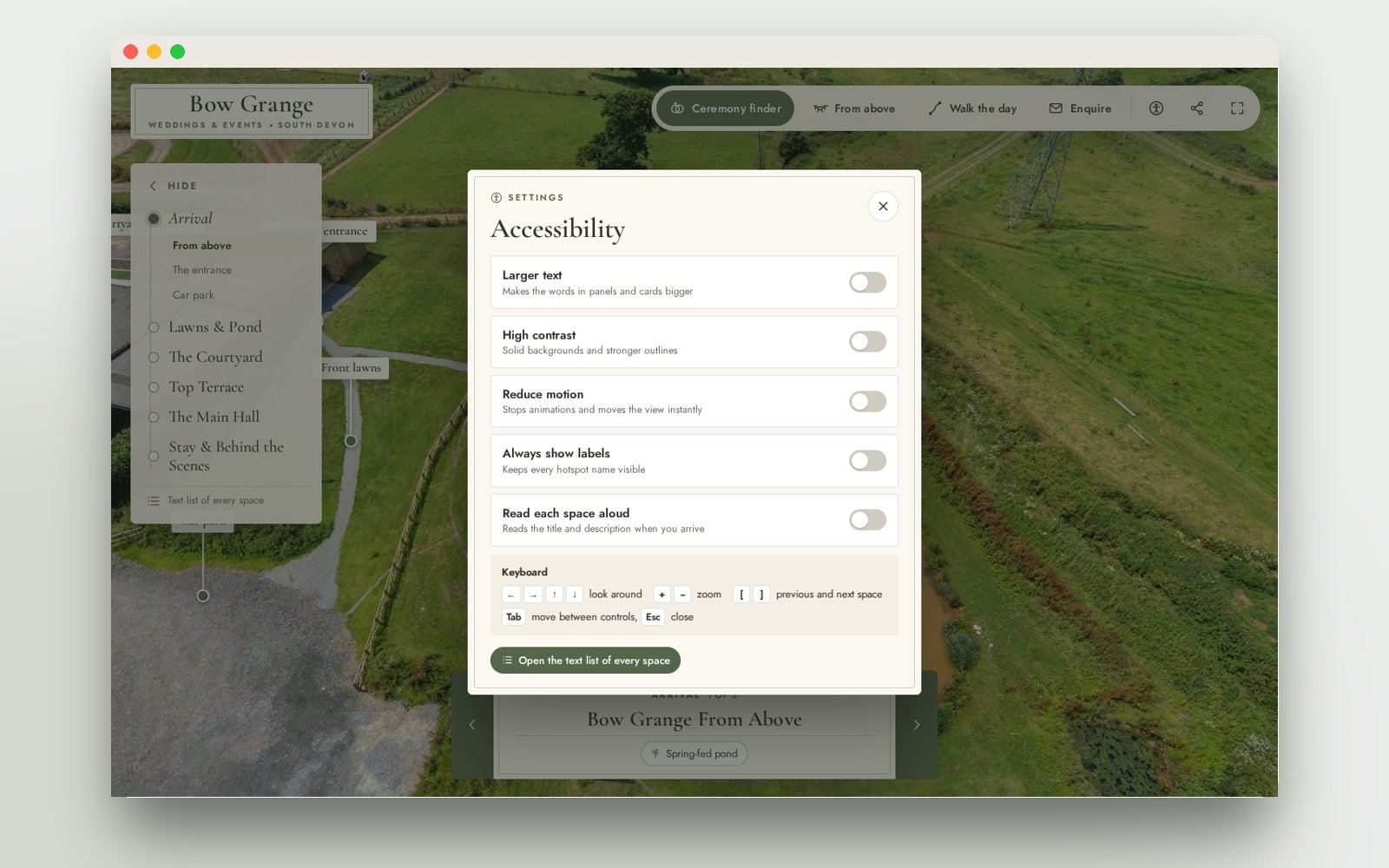 The accessibility settings panel with keyboard controls
