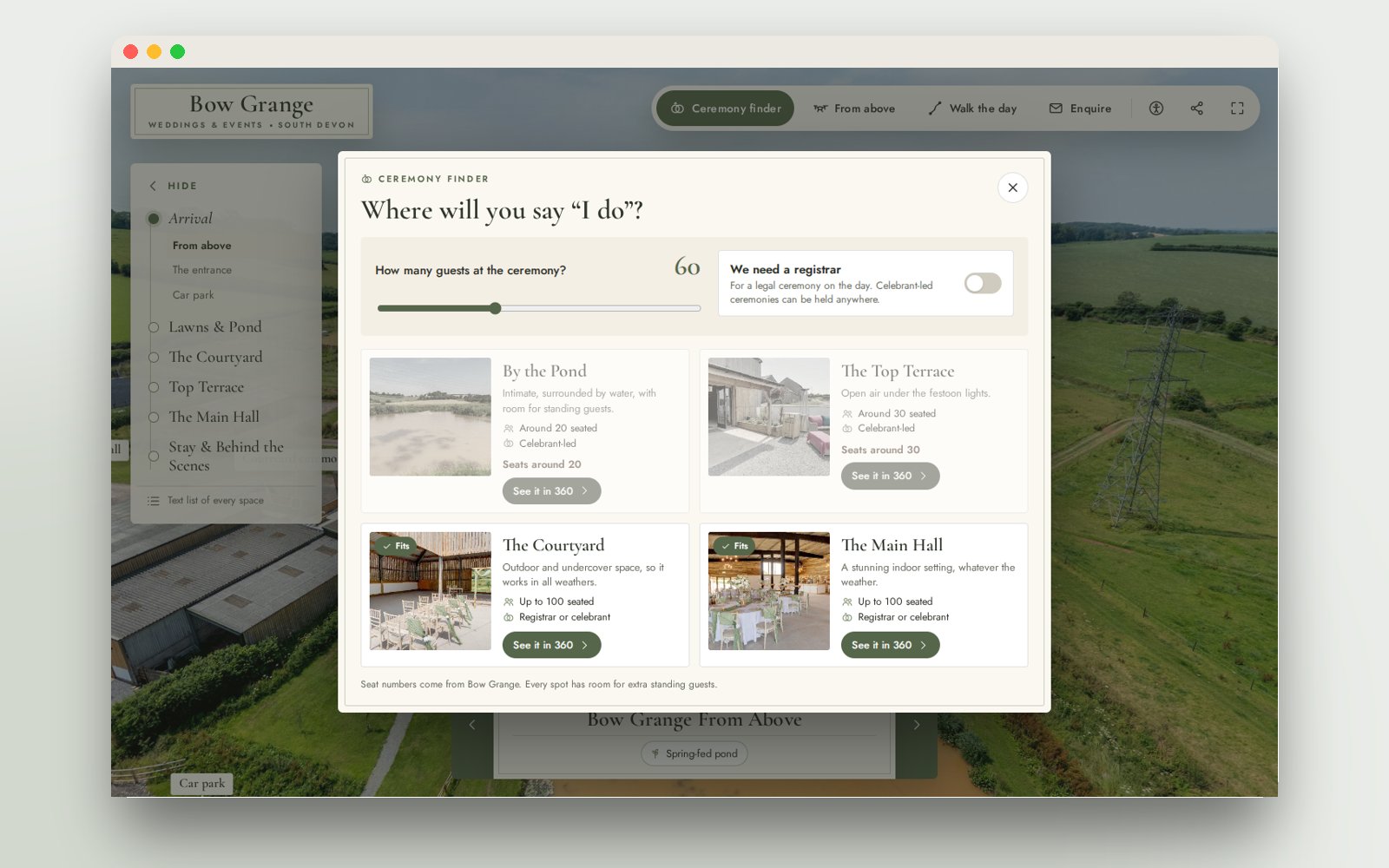 The ceremony finder, with a guest slider, a registrar switch and four ceremony spots