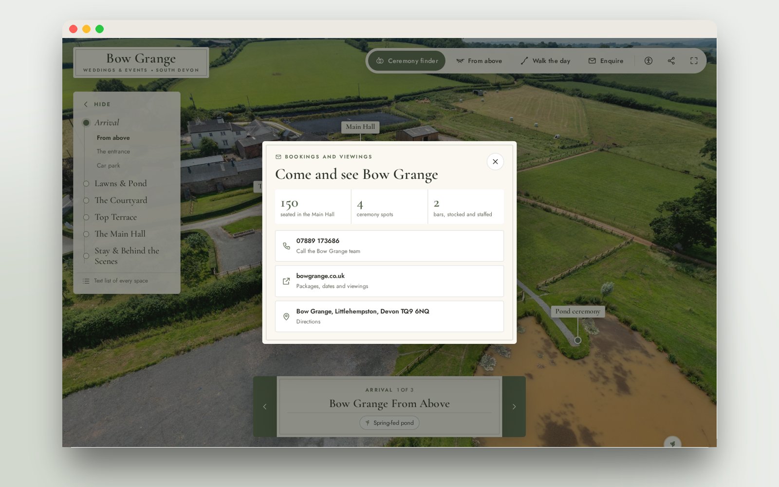 The Enquire panel with key facts, phone, website and directions