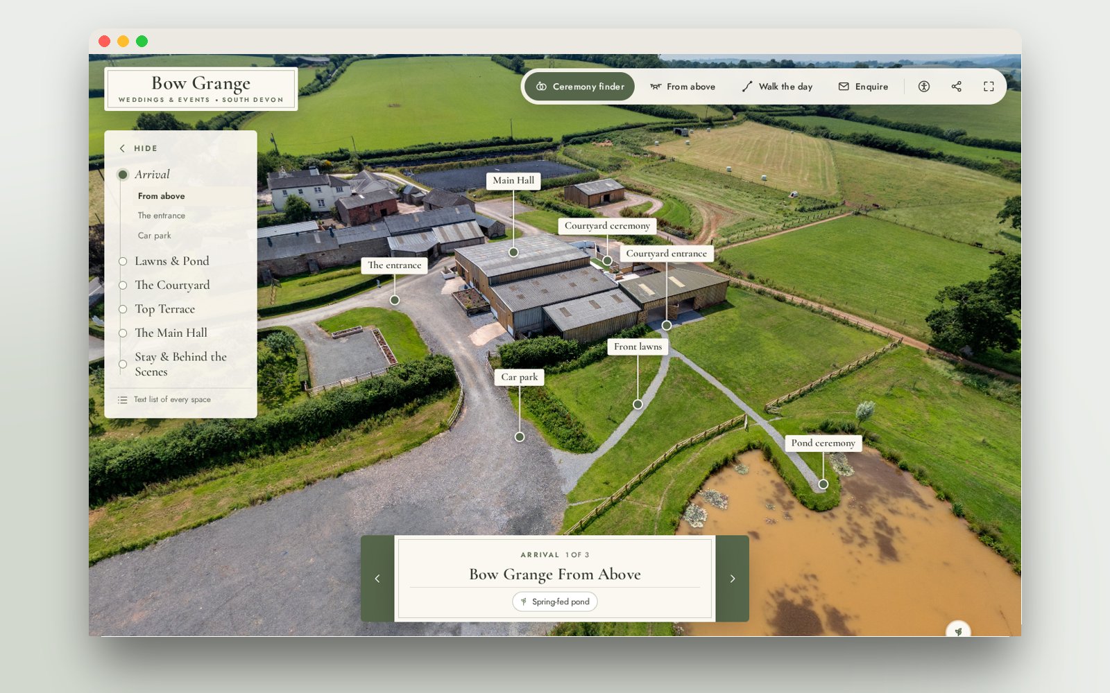 The drone view of Bow Grange with labelled pins for each space