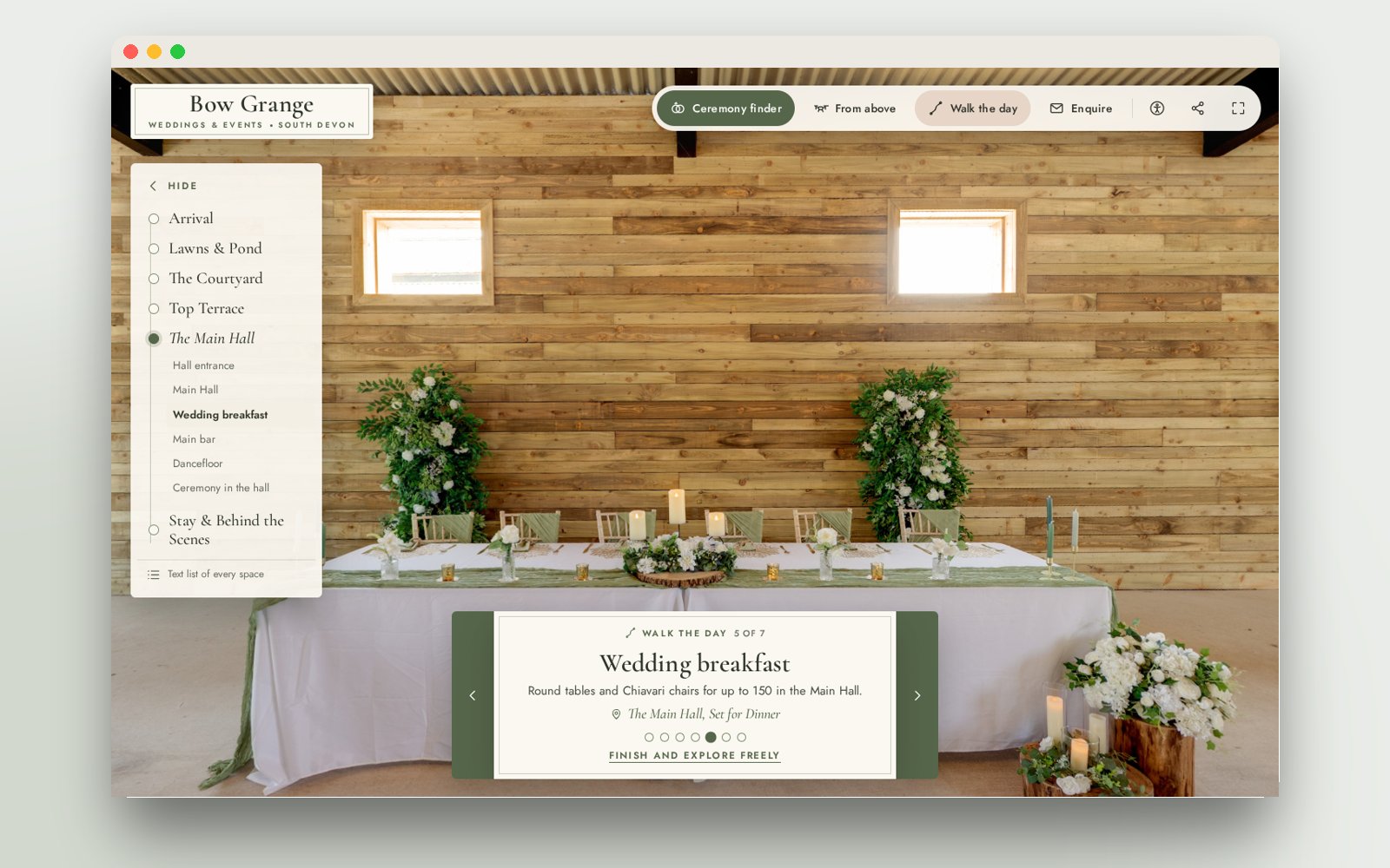 The Walk the day route at the Wedding breakfast step, in the Main Hall set for dinner