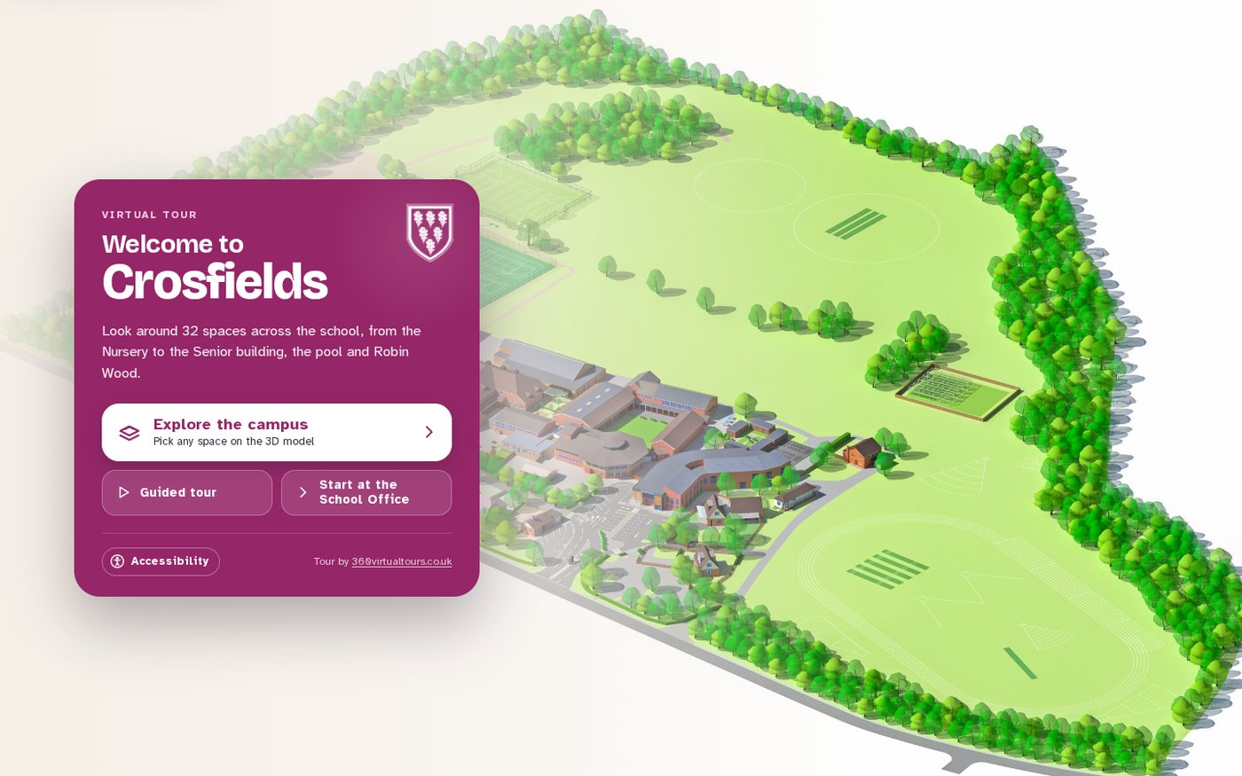 Crosfields School virtual tour welcome with a 3D campus model, guided tour and School Office starting points