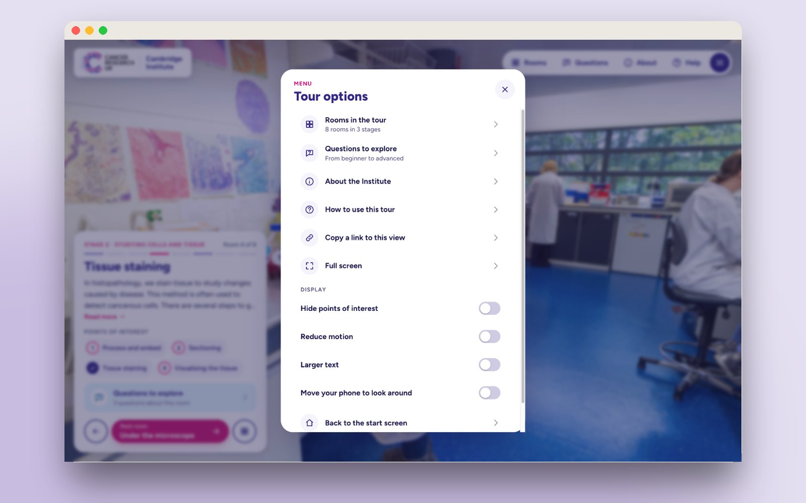 Tour menu with rooms, questions, about, display settings and help
