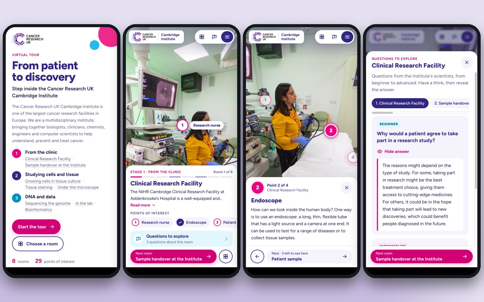 Four mobile views of the Cancer Research UK Cambridge Institute virtual tour