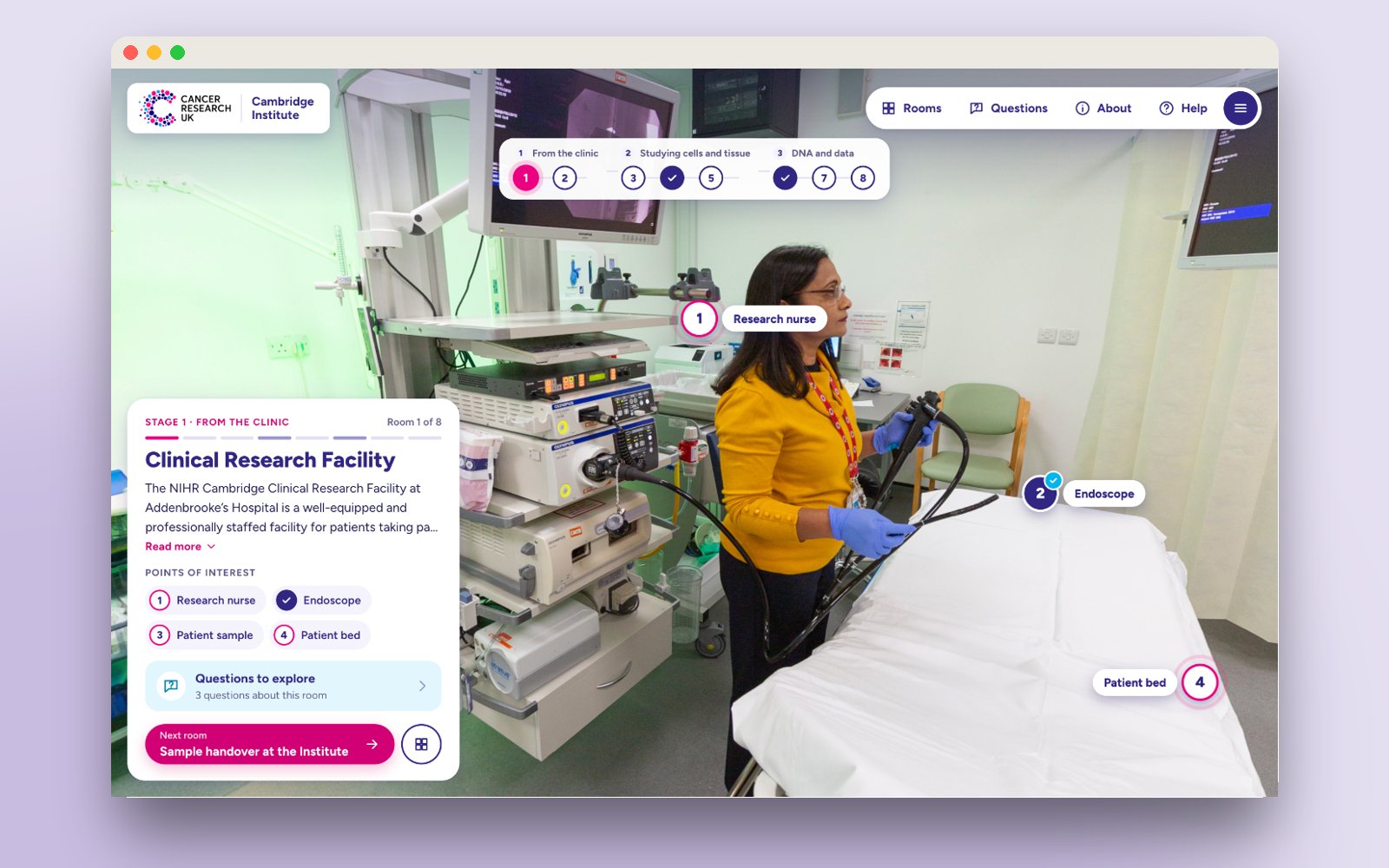 The Clinical Research Facility with its room card, route bar and points of interest