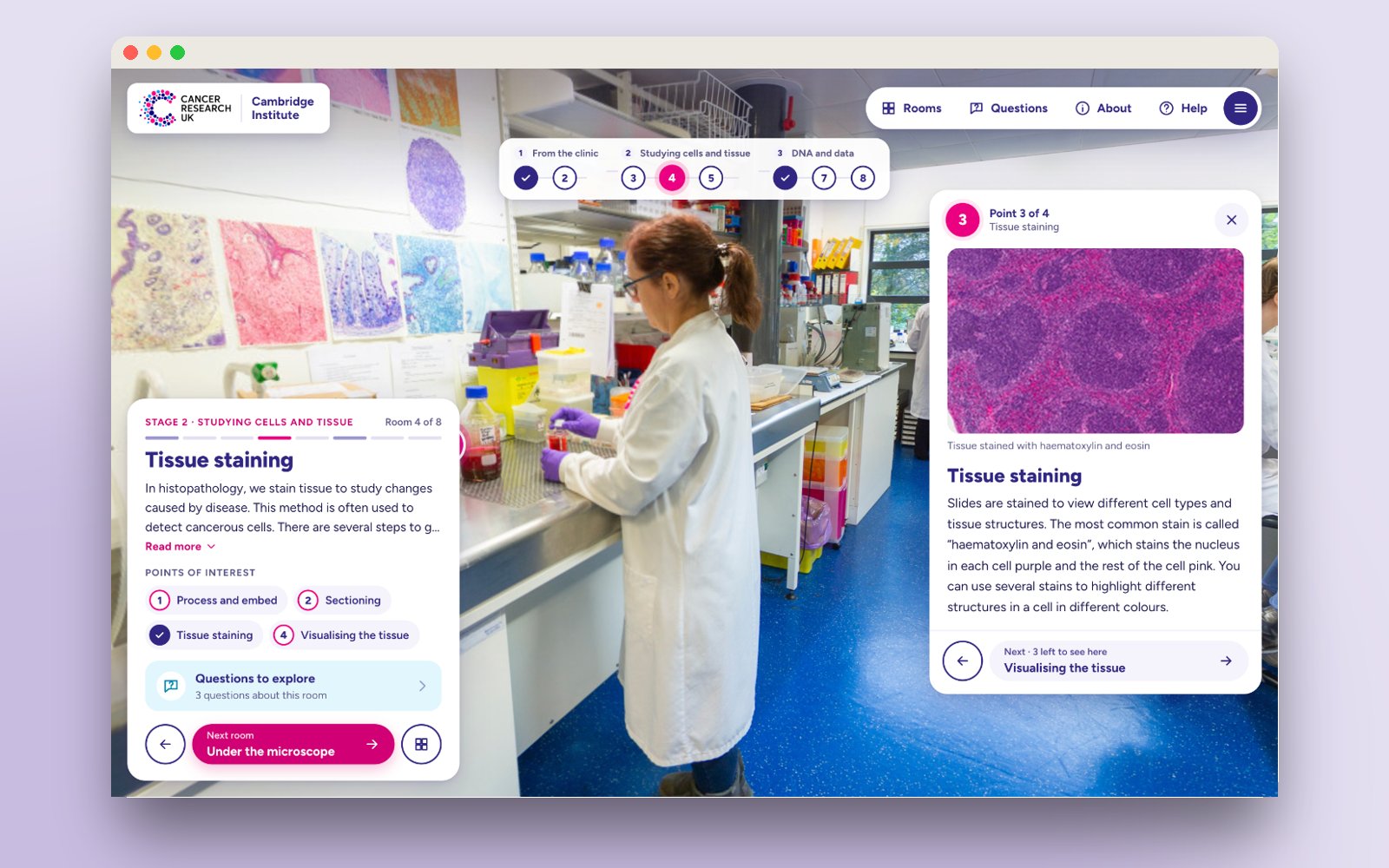 The tissue staining lab with a point of interest showing stained tissue