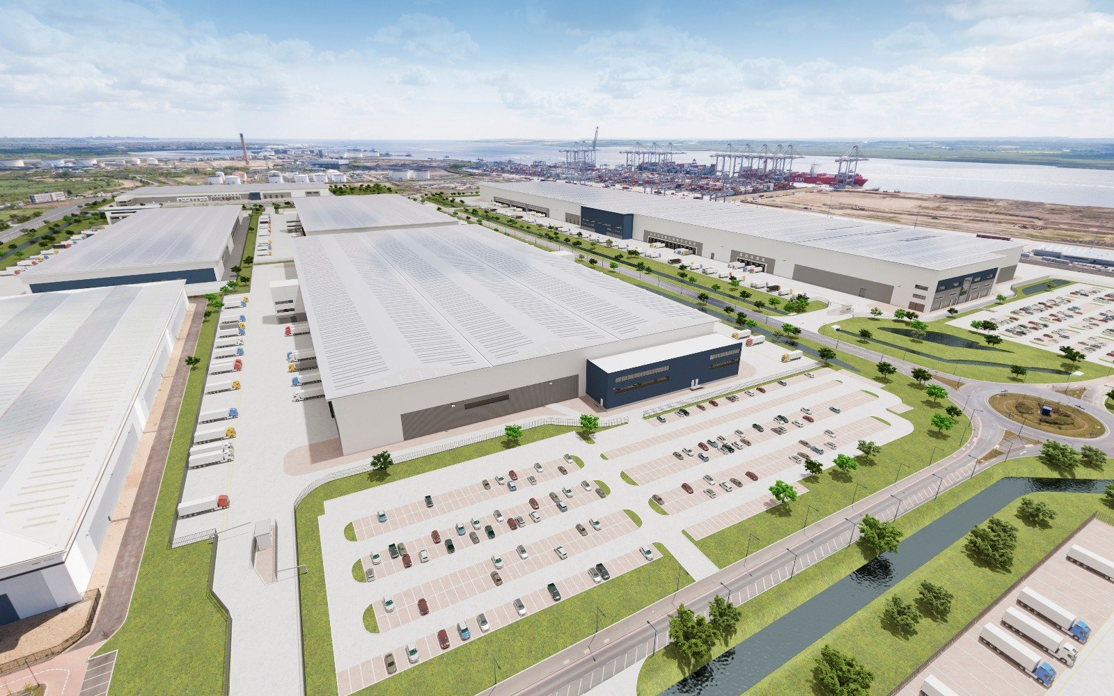 Dp world london gateway cgi aerial warehouses