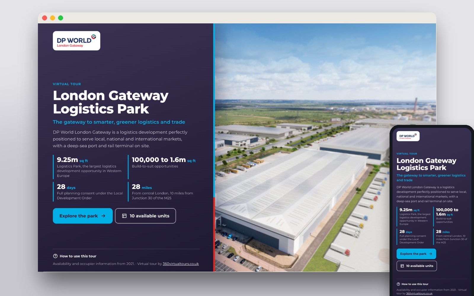 DP World London Gateway Logistics Park virtual tour interface