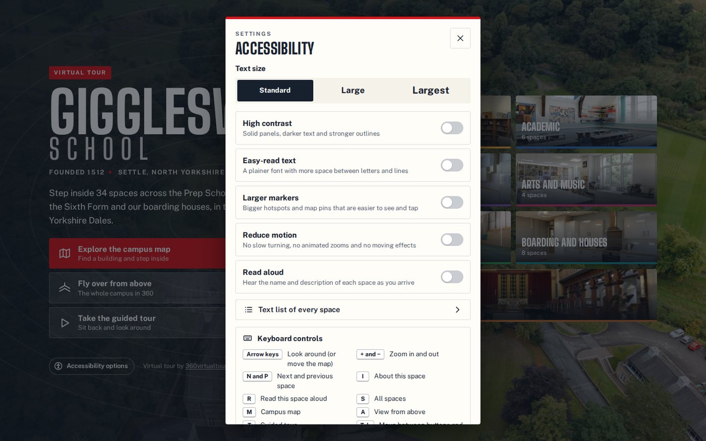 Giggleswick School virtual tour accessibility settings for text size, contrast, motion and read aloud