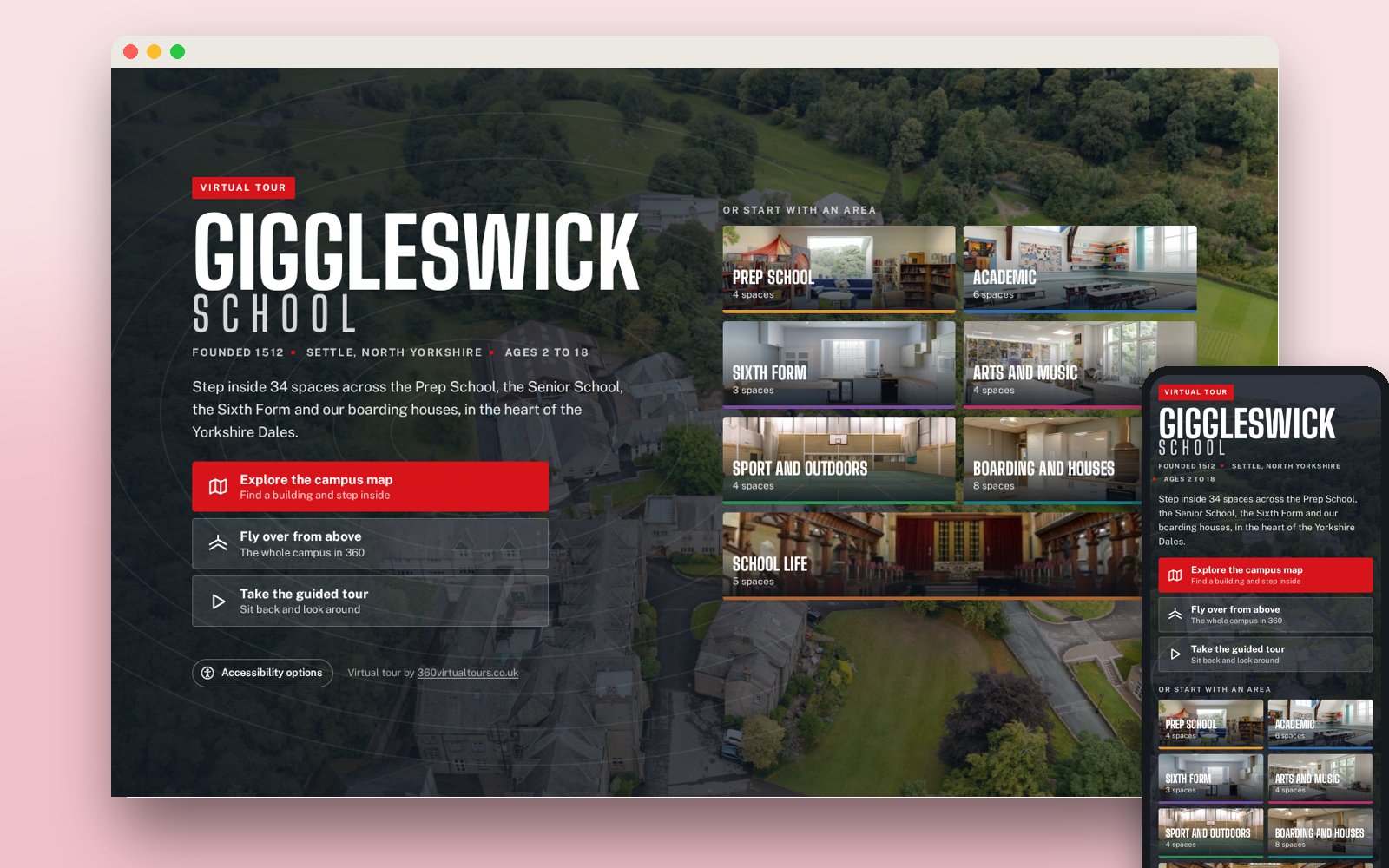 The opening screen of a bespoke 360 tour designed for Giggleswick School