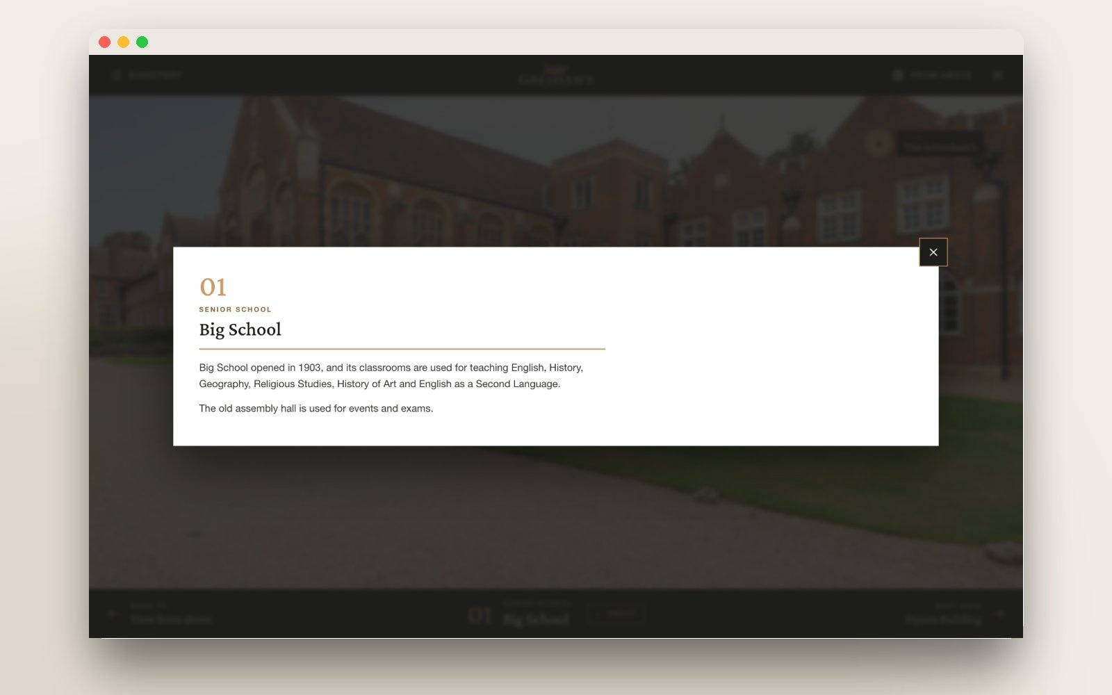 The About panel for Big School