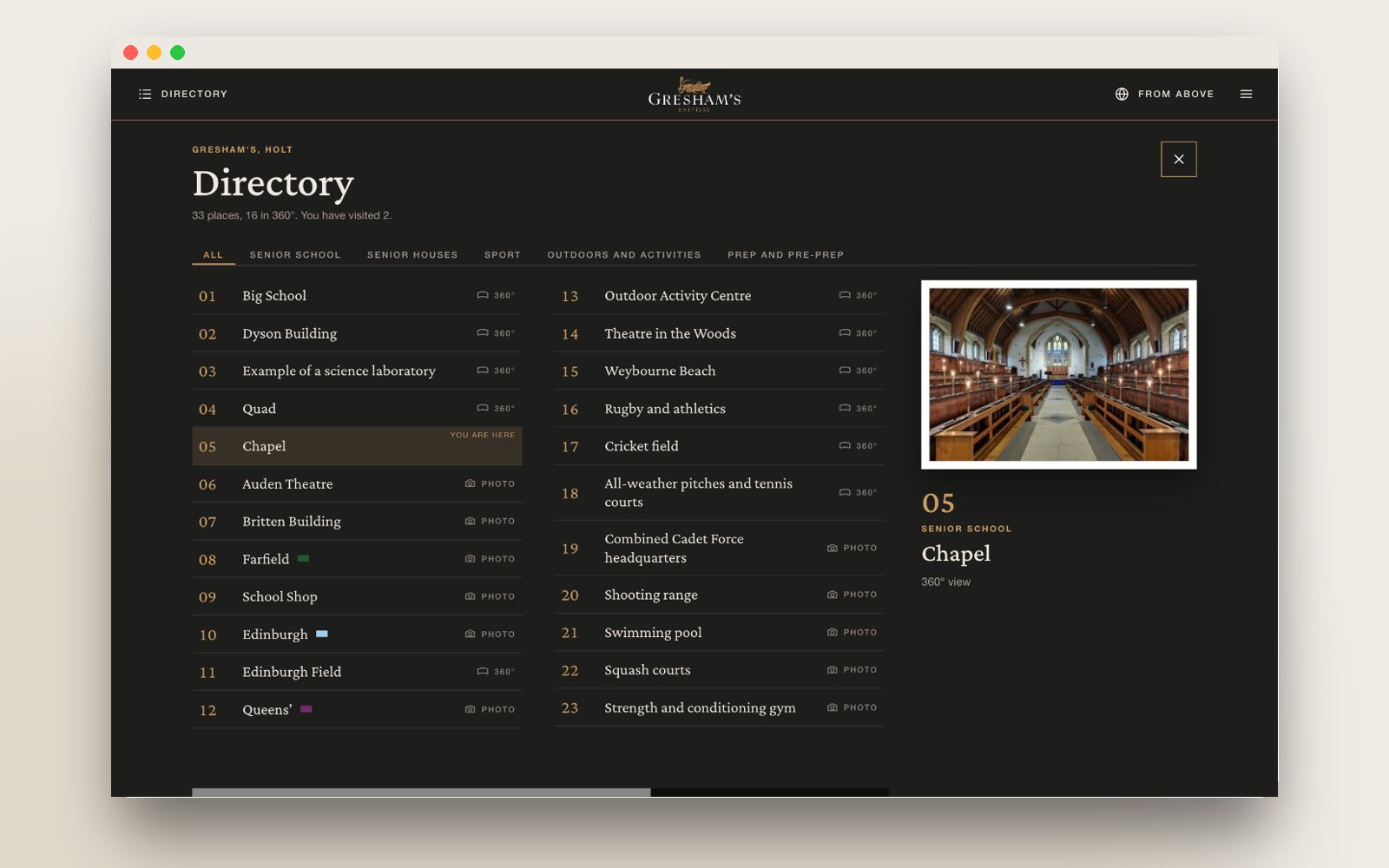 The directory listing all 33 places with tabs by area