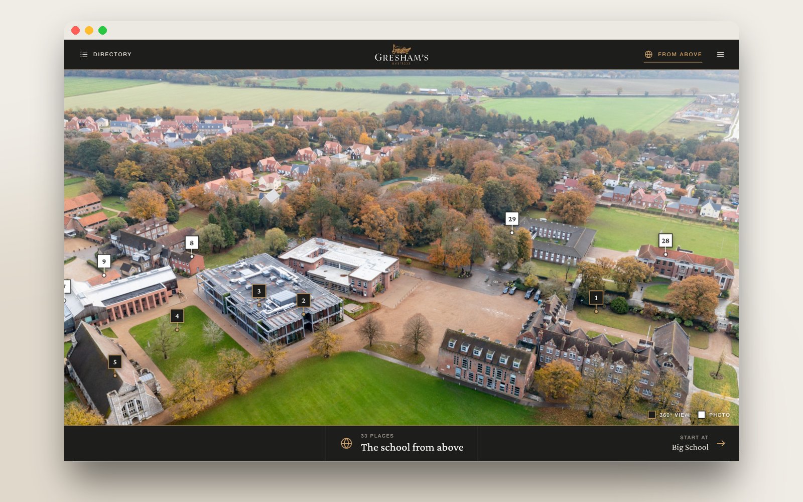 The aerial view of Gresham's with numbered pins for each place