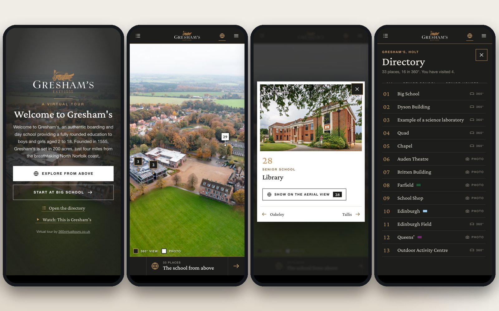 Four mobile views of the Gresham's School virtual tour