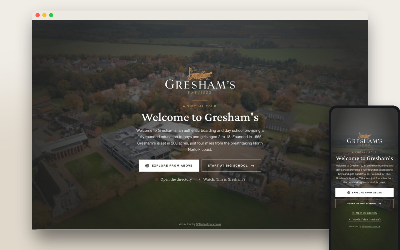 Gresham's School virtual tour welcome screen on desktop and mobile