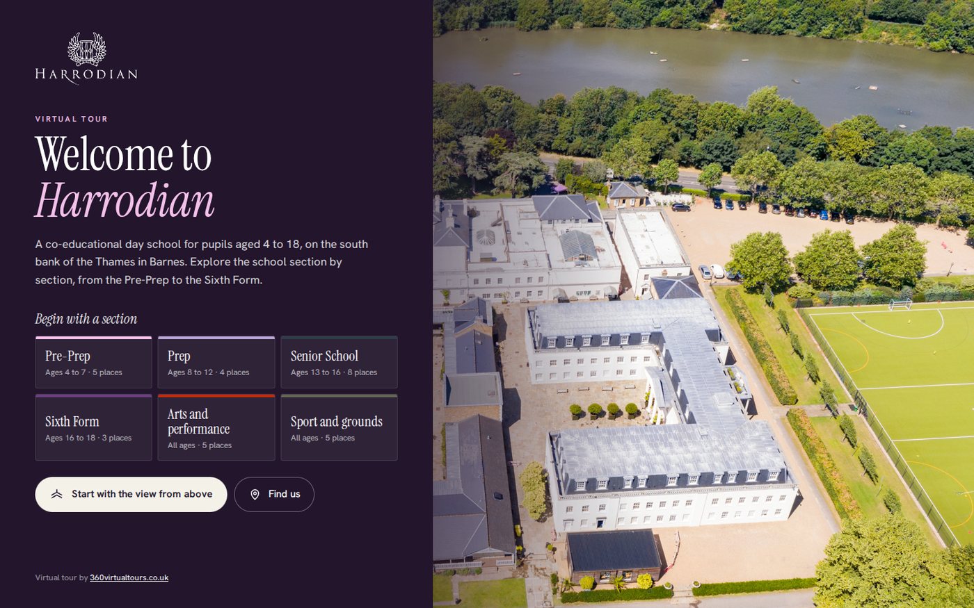 Harrodian School virtual tour welcome screen with a choice of school sections