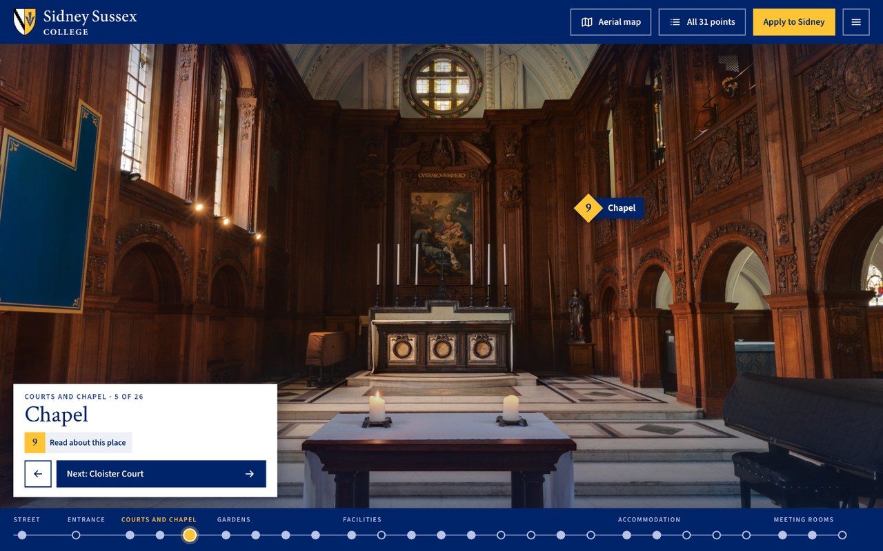 Sidney Sussex College, Cambridge virtual tour interface