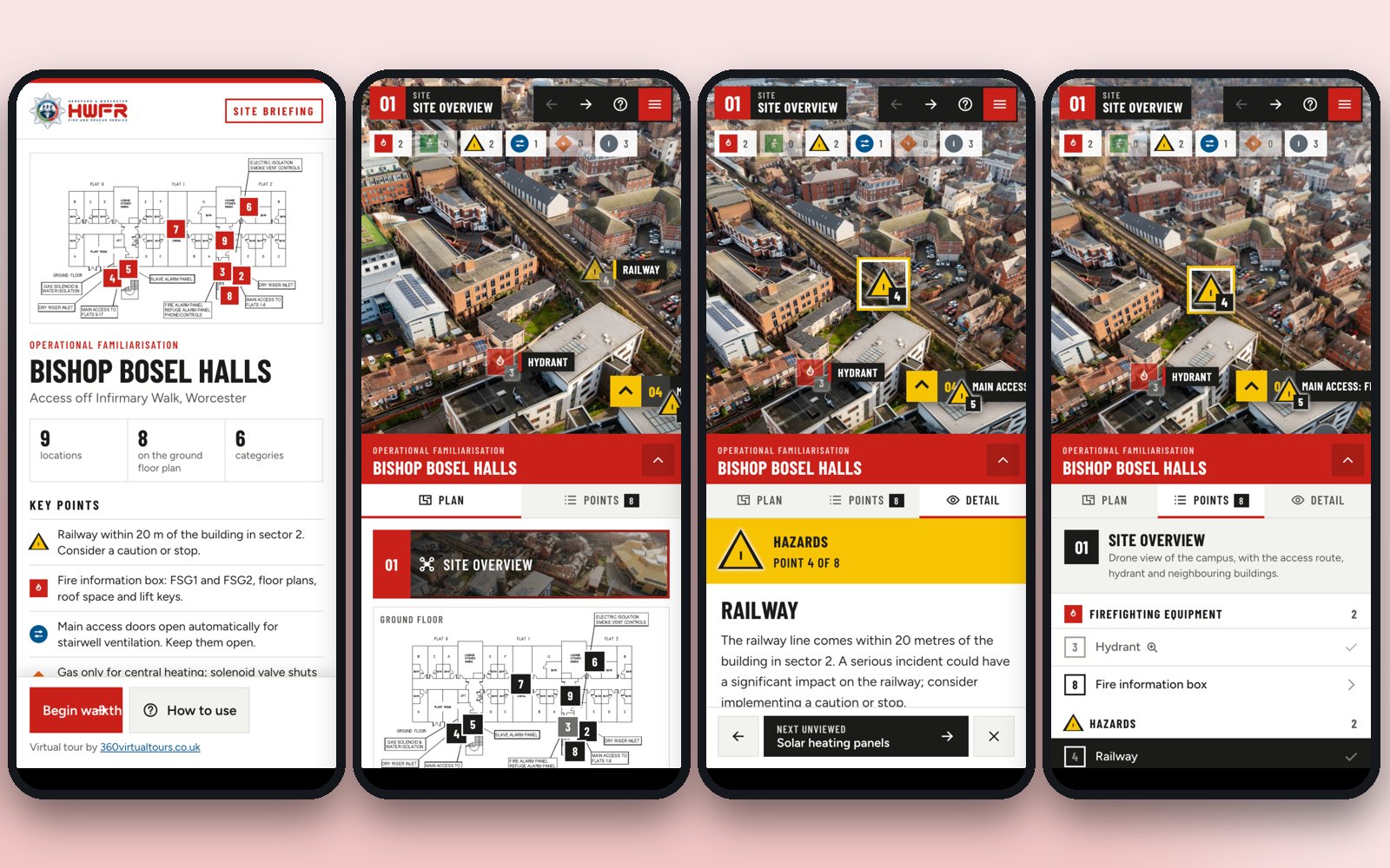 Four mobile views of the HWFRS Bishop Bosel Halls tour