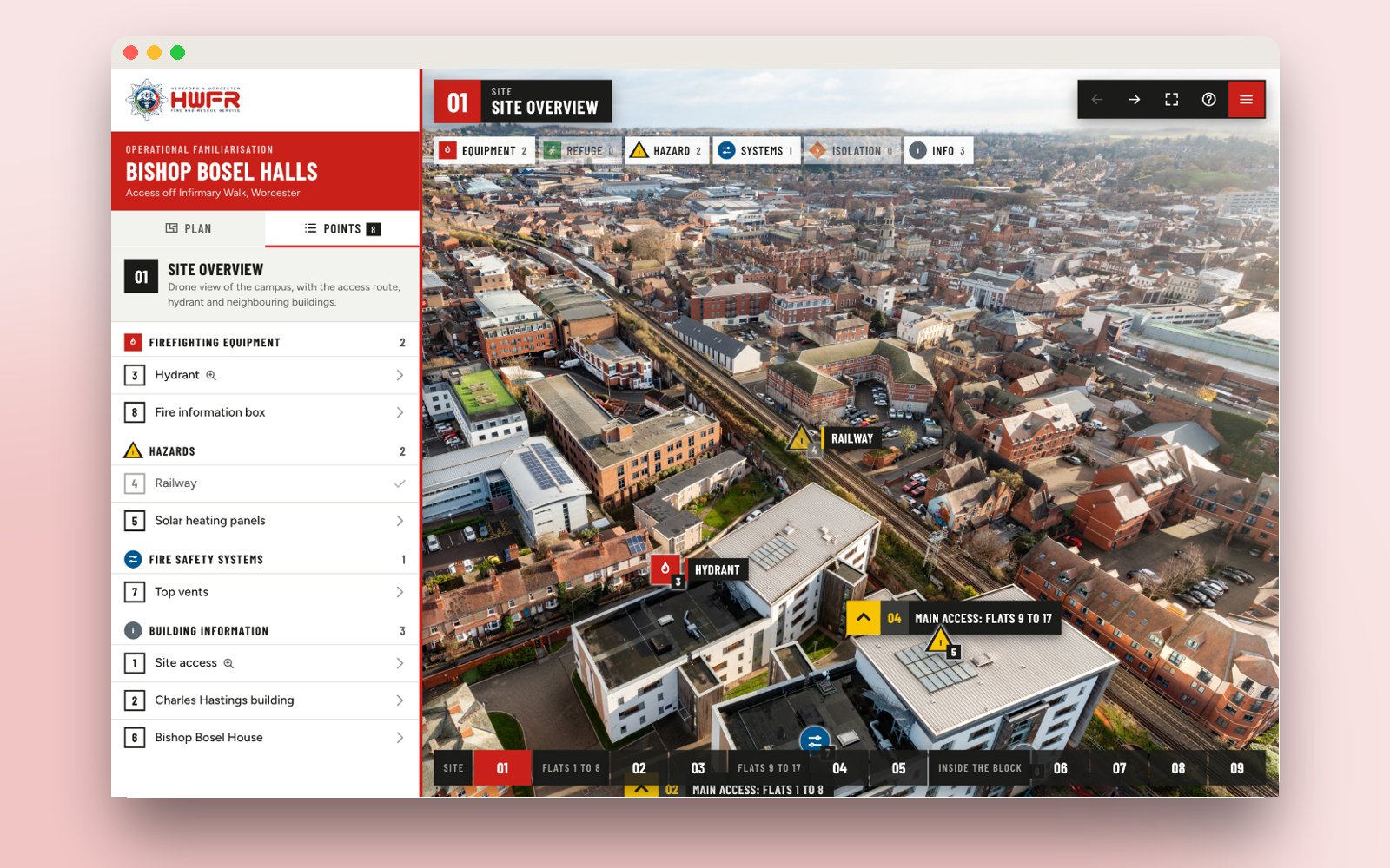 The points list grouped by category beside the drone view