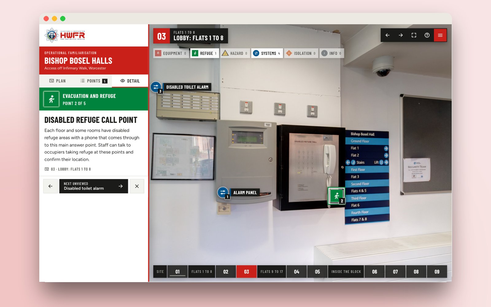 The lobby with the fire alarm panel and disabled refuge call point