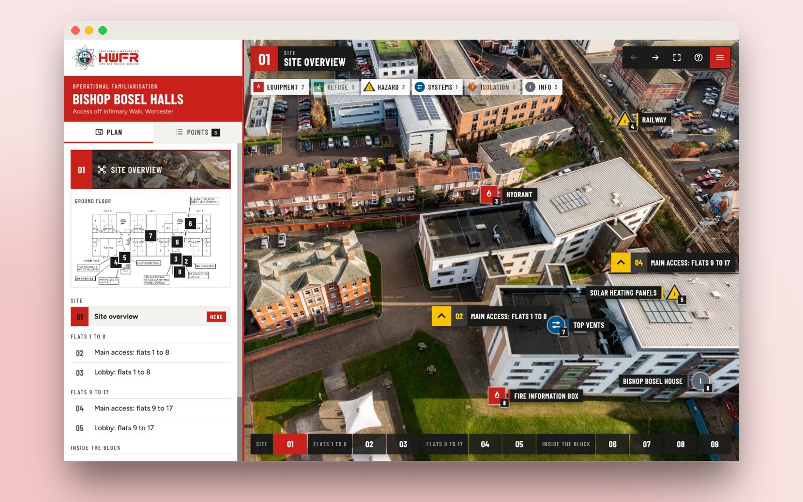 Drone 360 site overview with colour-coded markers and the floor plan beside it
