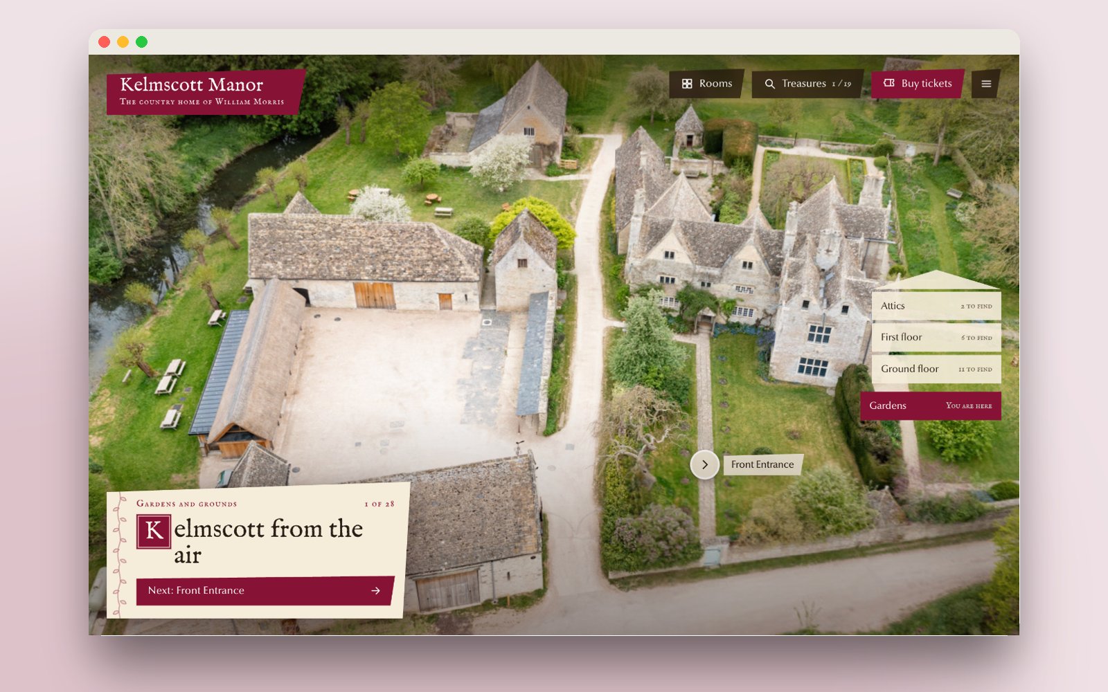 Aerial view of Kelmscott Manor with the room card and floor navigator