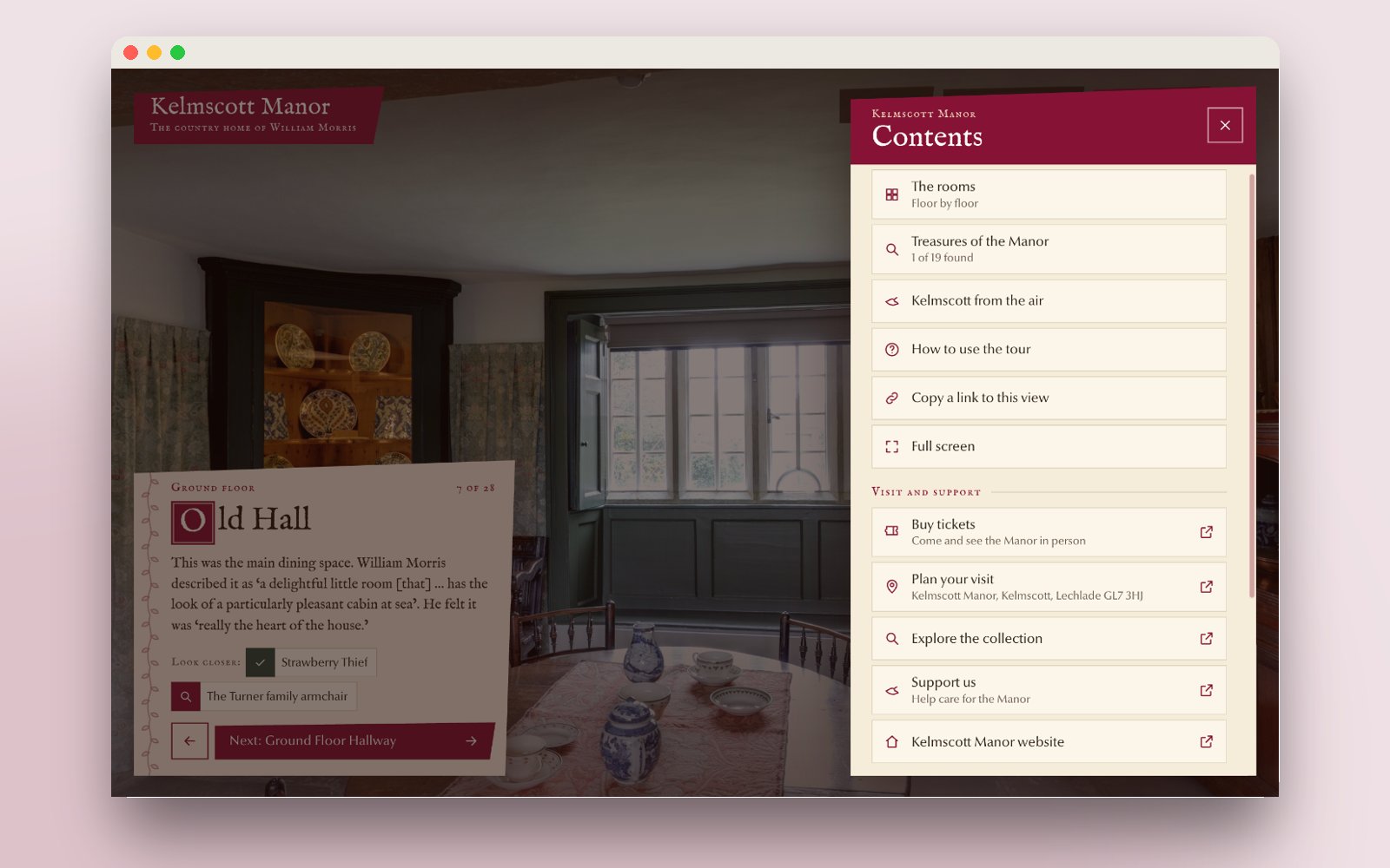 Tour menu with navigation, visit and support links, and settings