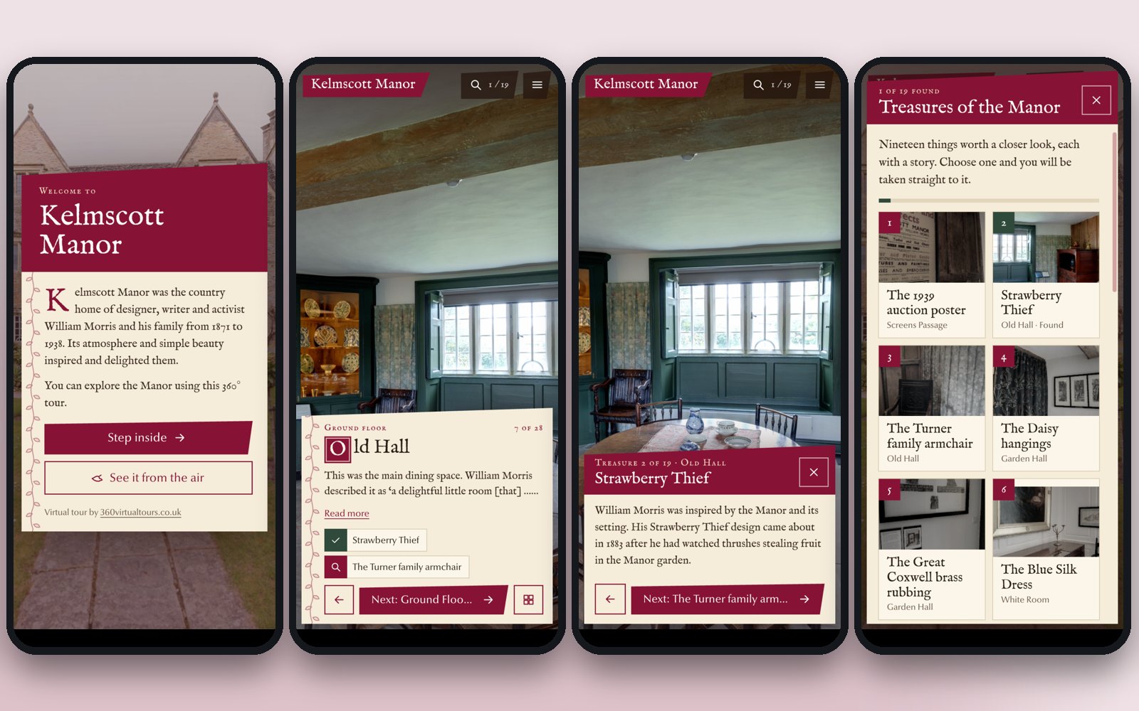 Four mobile views of the Kelmscott Manor virtual tour