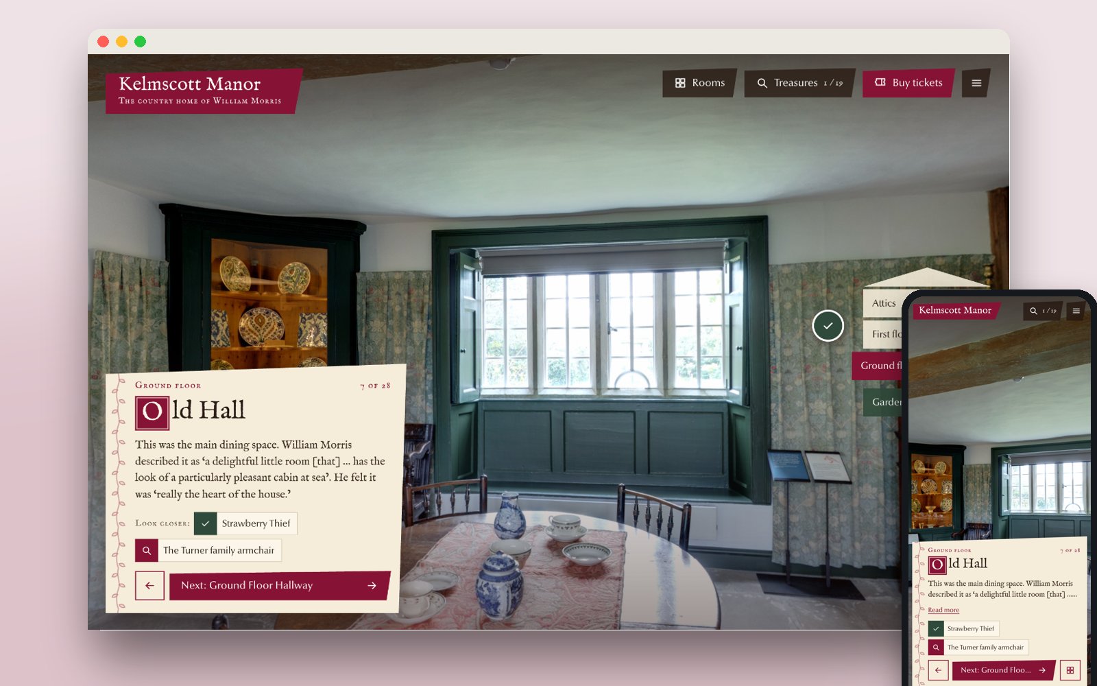 The Old Hall with its room card and the floor navigator, on desktop and mobile