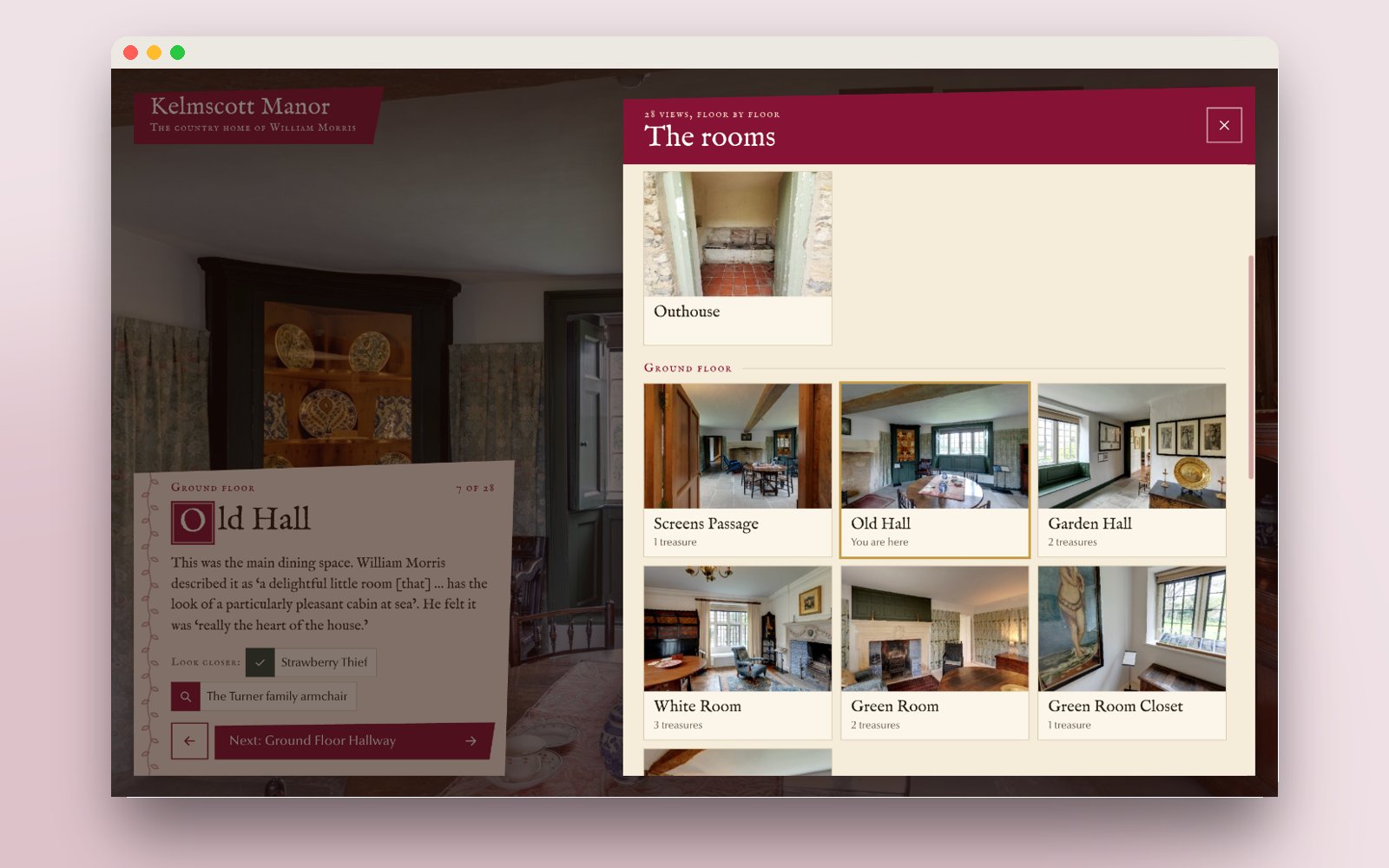 The Kelmscott Manor tour's room list, grouped by floor, with a photograph and name for each room