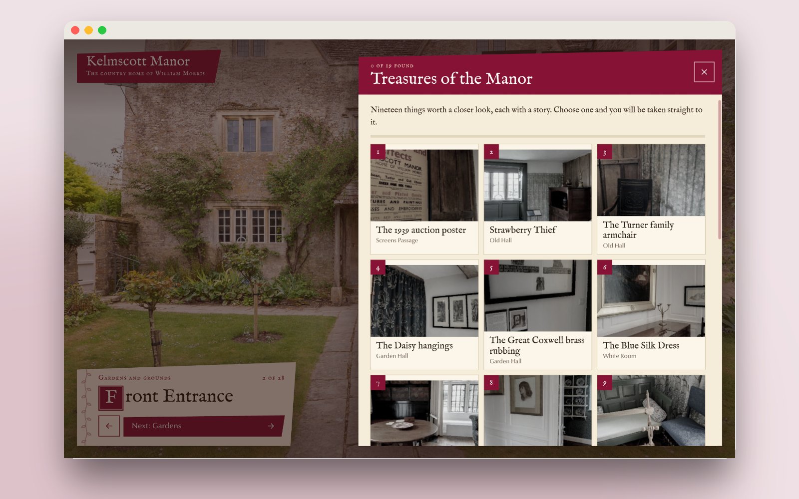 Treasures of the Manor panel listing the nineteen objects with photographs