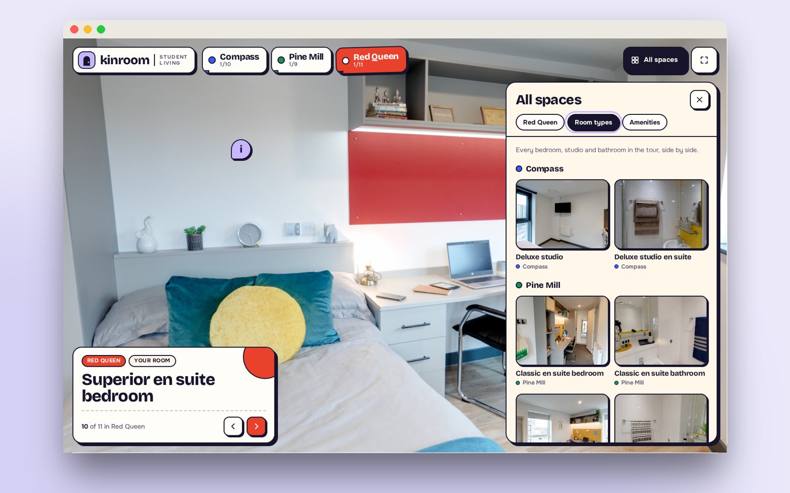 The Room types tab comparing bedrooms and bathrooms across the buildings