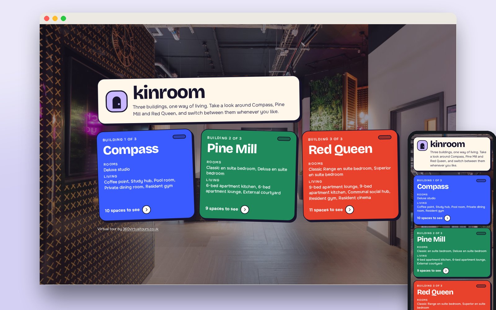 kinroom virtual tour welcome screen with three building cards, on desktop and mobile