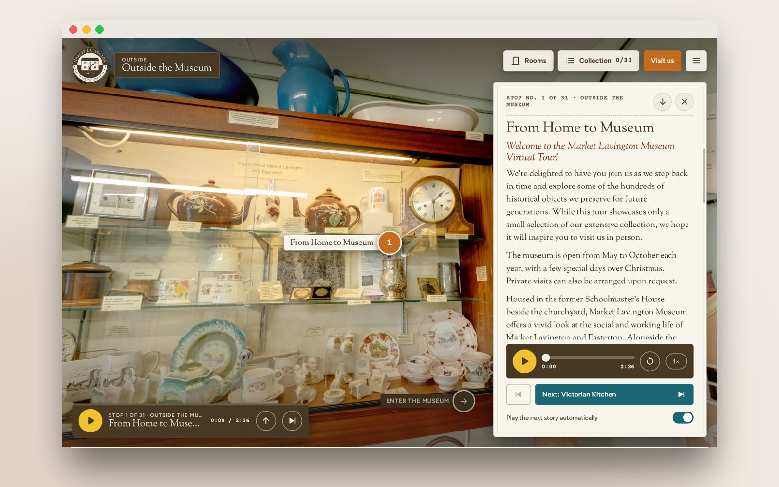 The Market Lavington Museum tour playing an audio story, with the text written out alongside the player
