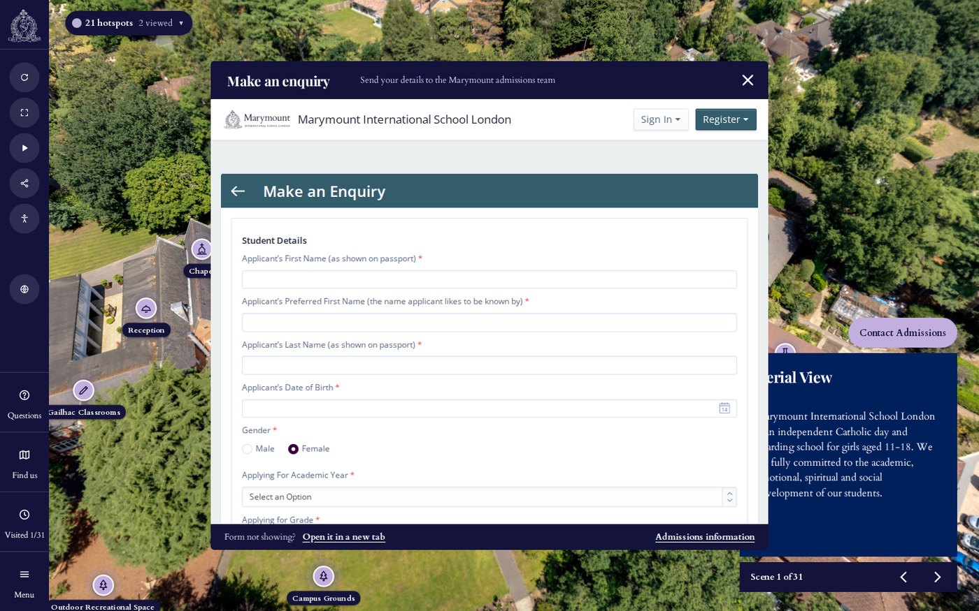 Marymount International School London virtual tour with the OpenApply enquiry form open inside the tour