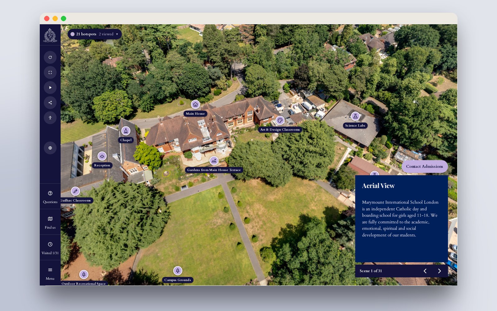 Aerial 360 view of the Marymount campus with labelled location pins