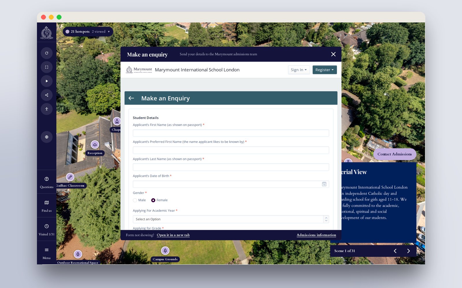 The school enquiry form opened inside the virtual tour