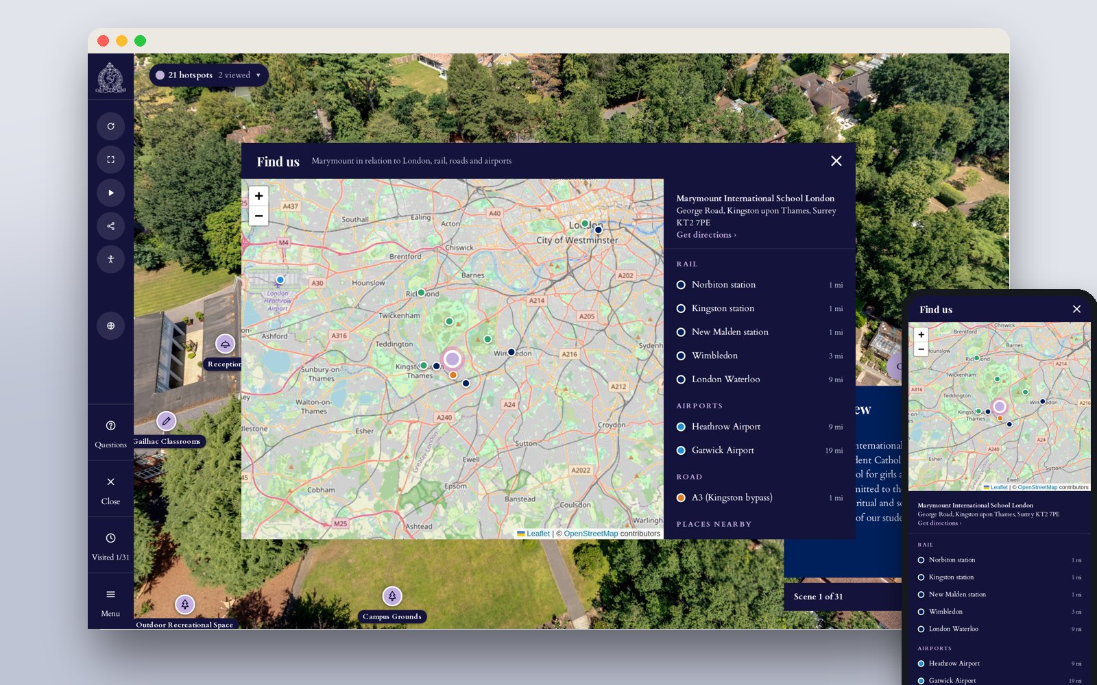 Find us map panel showing stations and airports near the school
