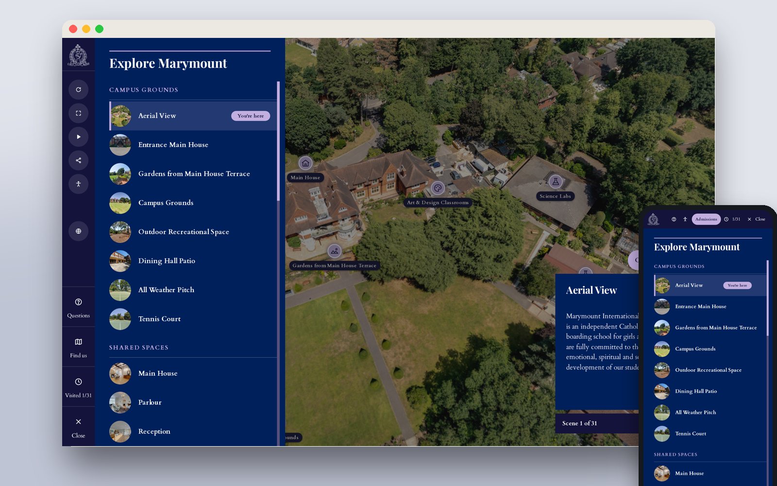Explore Marymount scene menu on desktop and mobile