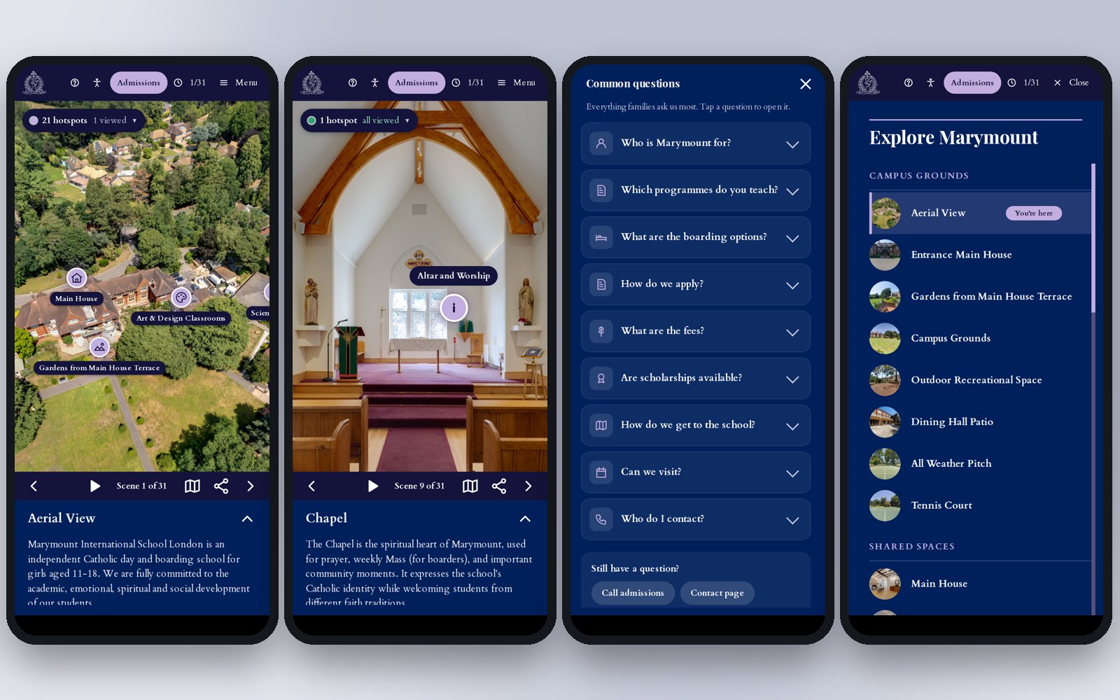 Four mobile views of the Marymount virtual tour