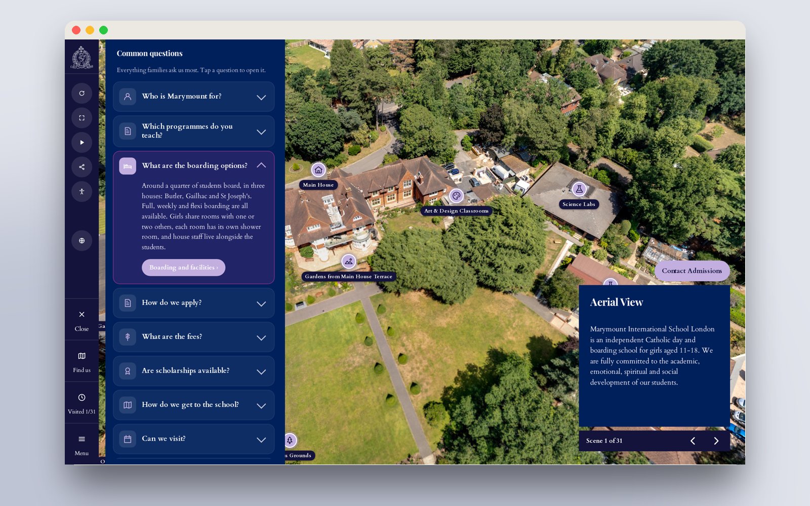 Common questions panel in the Marymount virtual tour