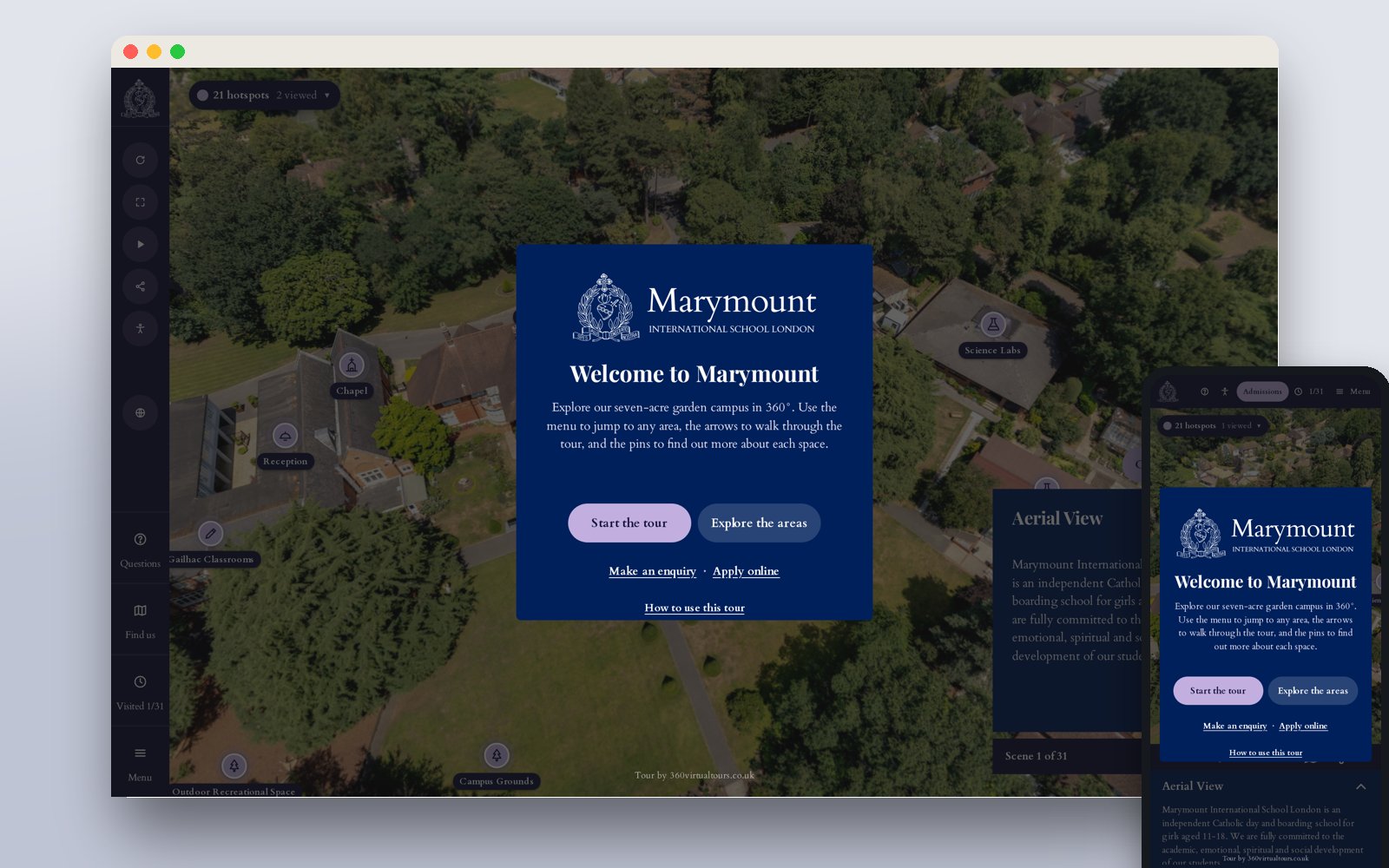 Marymount virtual tour welcome screen on desktop and mobile