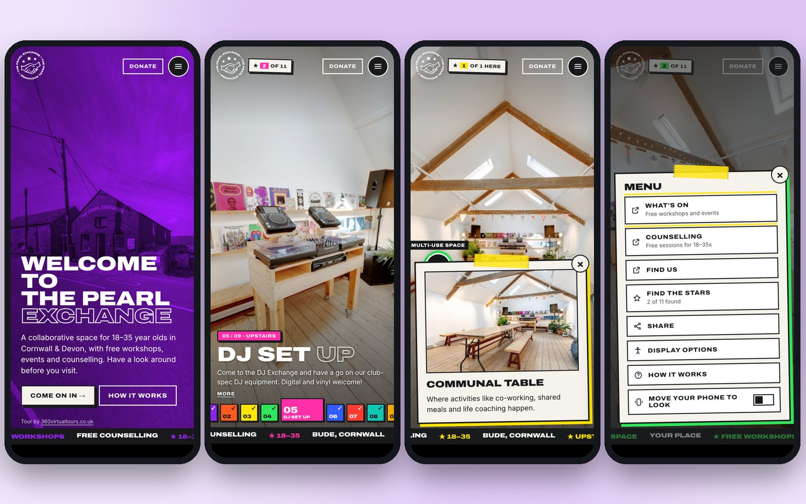 Four mobile views of The Pearl Exchange virtual tour