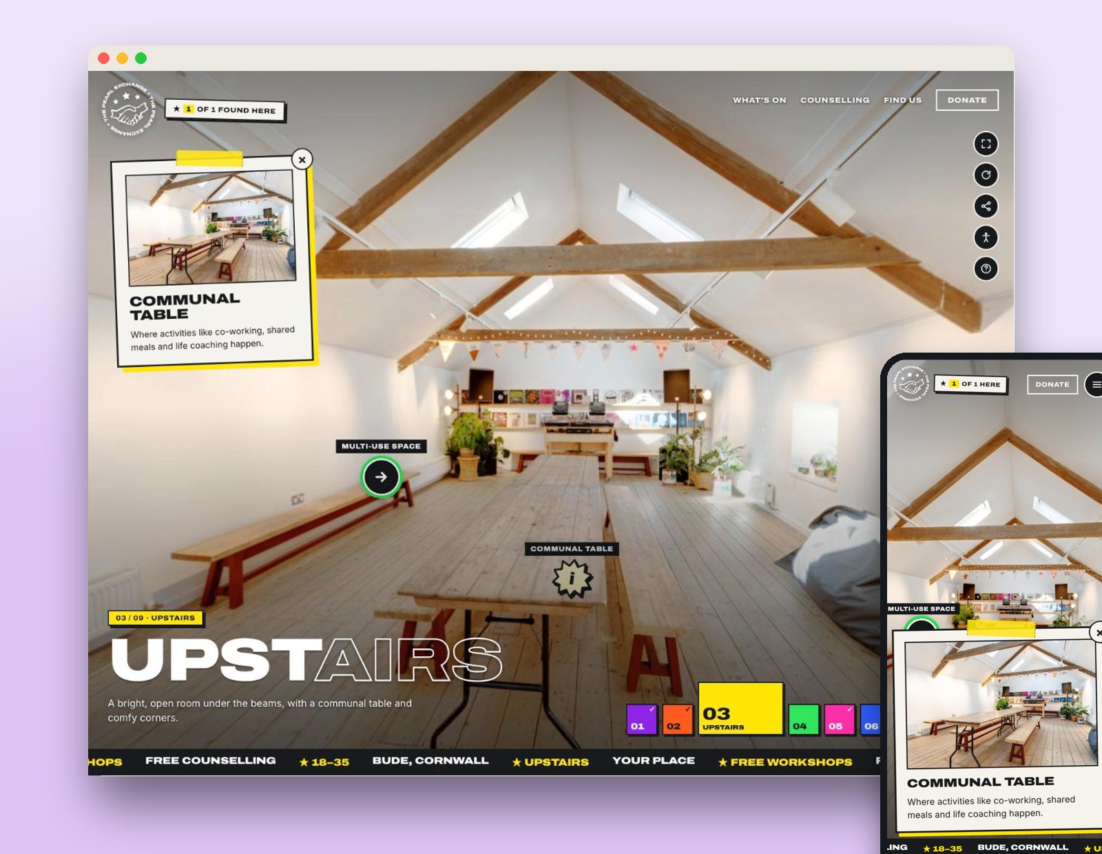 A sticker card open in the Upstairs scene, showing the communal table